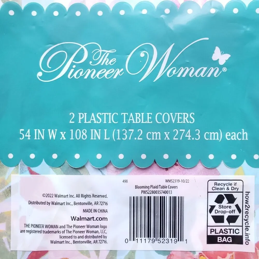 Pioneer Woman Plastic Table Cover 54 x 108 Blooming Plaid Tablecloth 2 in Pack